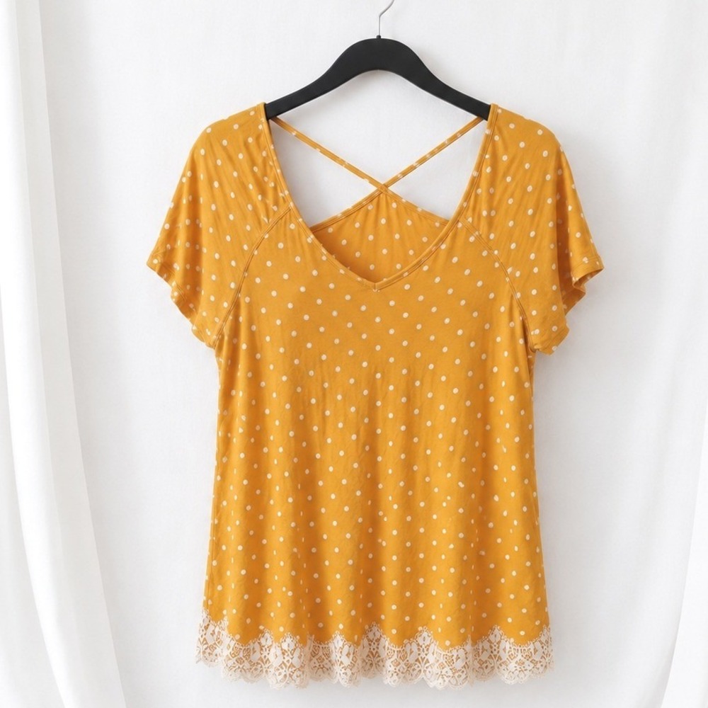 Rewind Womens Top Large Mustard Polka Dot Lace Trim‎ Crisscross Back Boho Tee